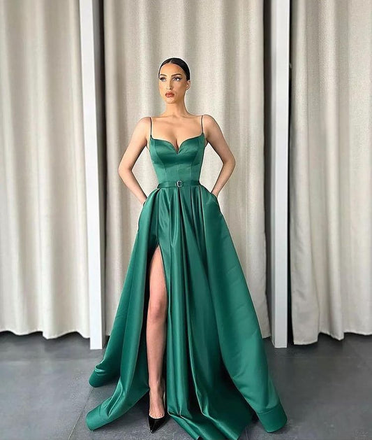 Dark Green Spaghetti-Straps A-Line V-Neck Long Prom Dress With Split