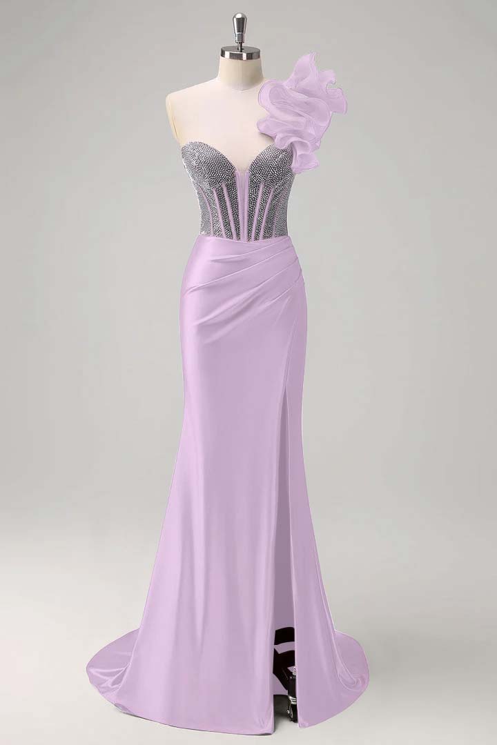 Strapless Handmade Flower Backless Mermaid Slit Prom Dress With Beading