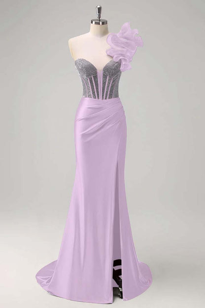 Strapless Handmade Flower Backless Mermaid Slit Prom Dress With Beading