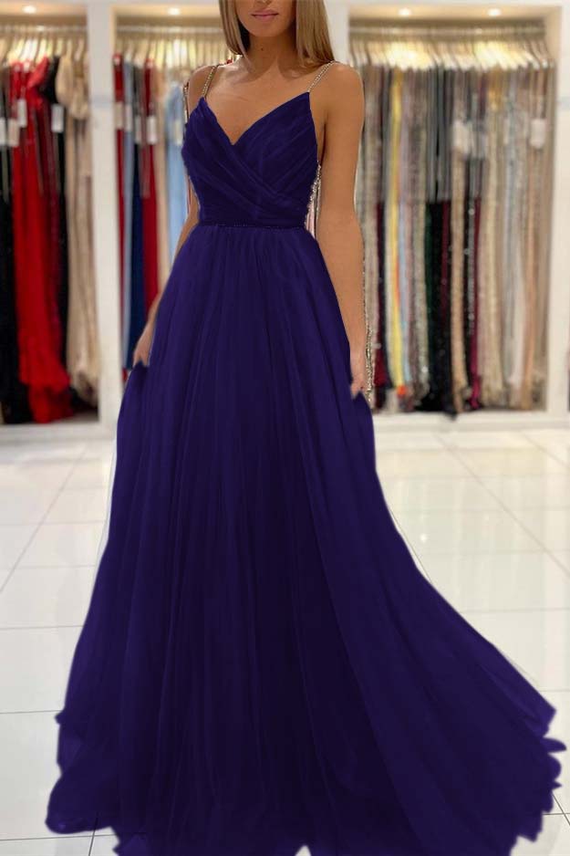 Long Light Sky Blue Spaghetti-Straps Tulle Prom Dress With Beads
