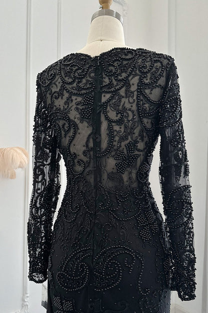 Black V Neck Mermaid Prom Dress Long Sleeves With Appliques Ruffles