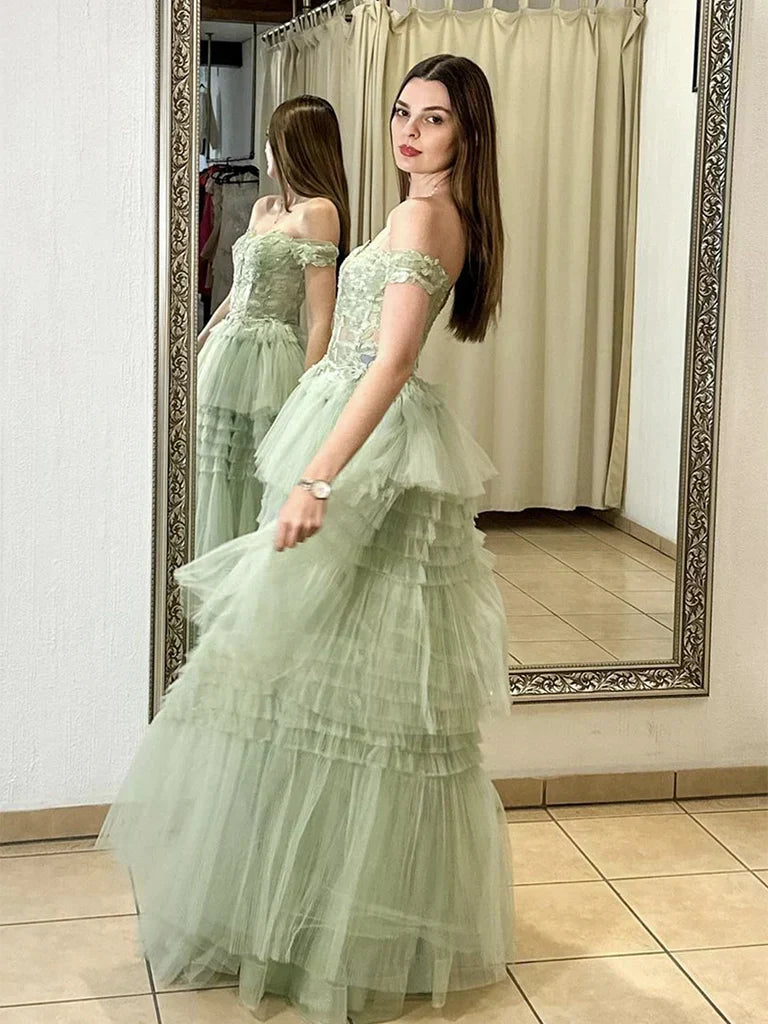 A-Line Sweetheart Neck Off Shoulder Tulle Lace Long Prom Dress,Formal Evening Dress HZ1024