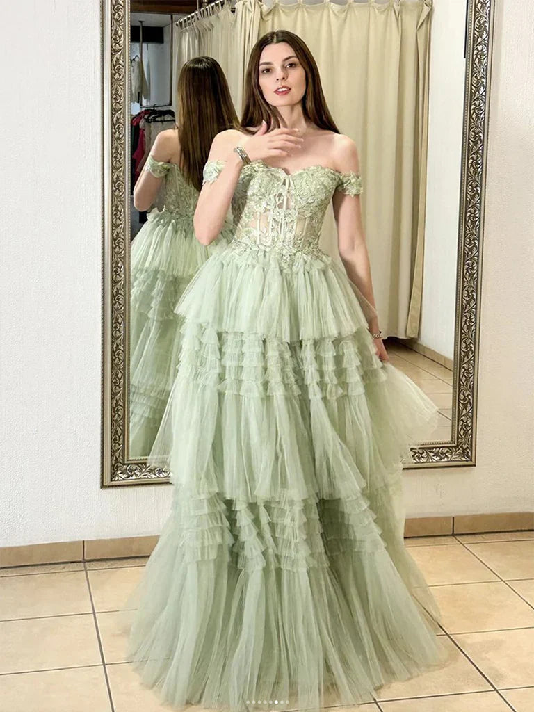 A-Line Sweetheart Neck Off Shoulder Tulle Lace Long Prom Dress,Formal Evening Dress HZ1024