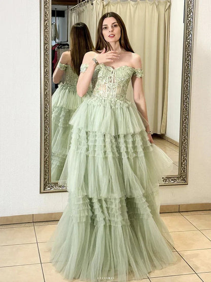 A-Line Sweetheart Neck Off Shoulder Tulle Lace Long Prom Dress,Formal Evening Dress HZ1024