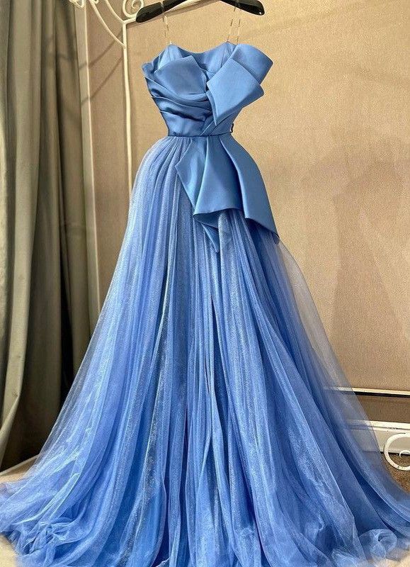 A-line Spaghetti Straps Satin Tulle Long Prom Dress, Blue Eevening Dress HZ1024