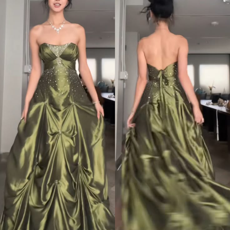 __Pretty Forest Green A-Line Long Prom Dresses With Silver Beads Sweet Strapless Satin Evening Dresses ED01741