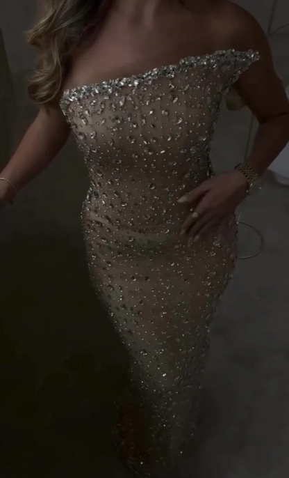 Elegant Strapless Sheath Champagne Long Prom Dresses Tulle Rhinestone Champagne Evening Gowns ED05146
