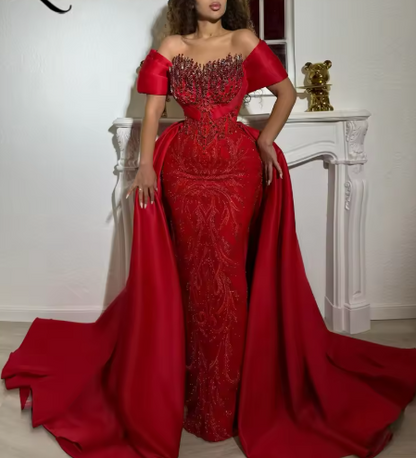 Sexy Off-shoulder Bodycon Long Prom Dressesï¼_eaded Tulle Burgundy Evening Dresses ED05326