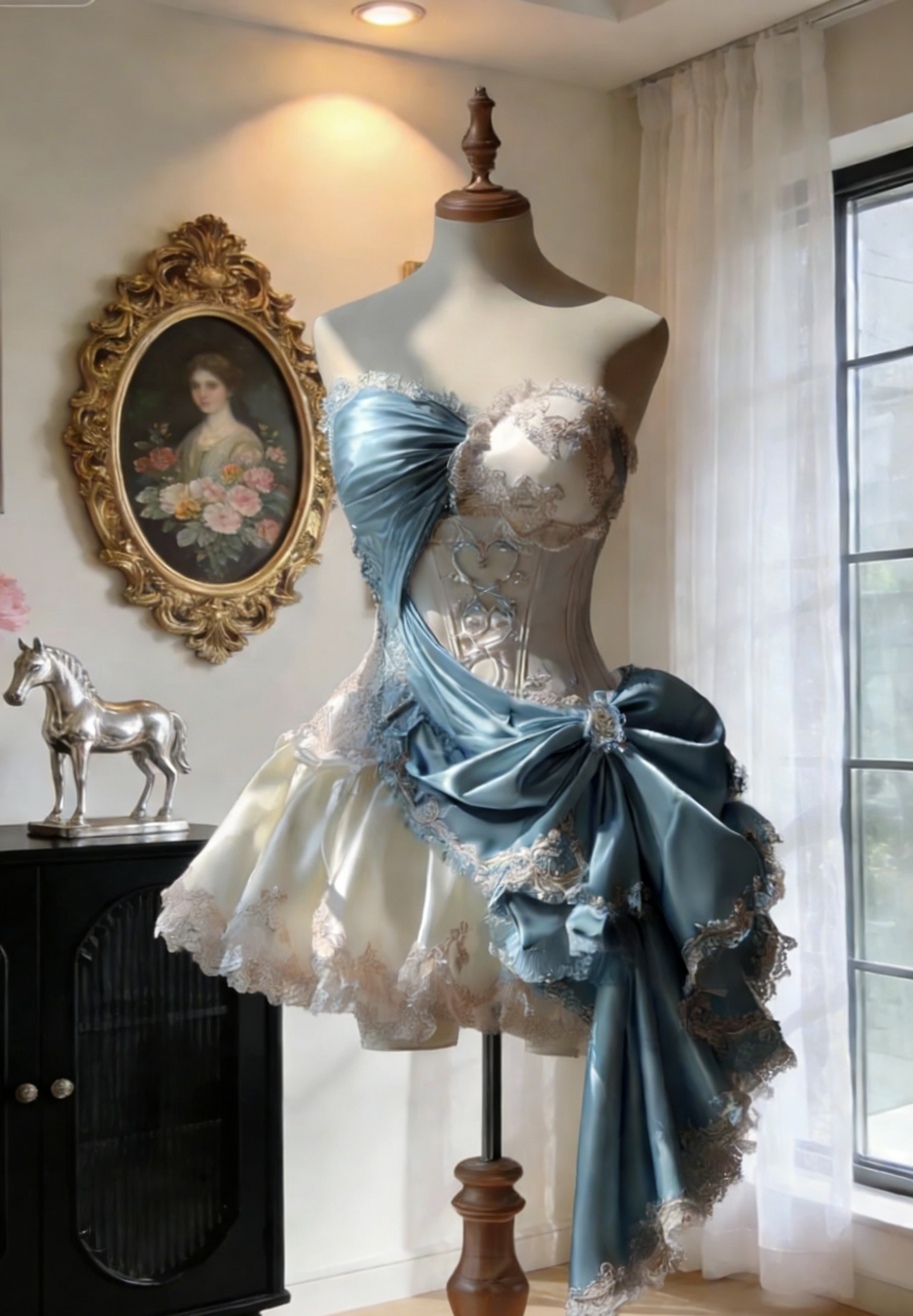 Gorgeous A-Line Blue Short Prom Dresses Satin Lace Sweetheart Birthday Dresses Sleeveless Evening Dresses ED06027