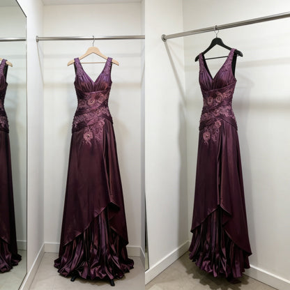 Elegant Grape Long Prom Dresses Satin V-neck A-line Evening Dresses Appliques Sleeveless Formal Dresses ED06169