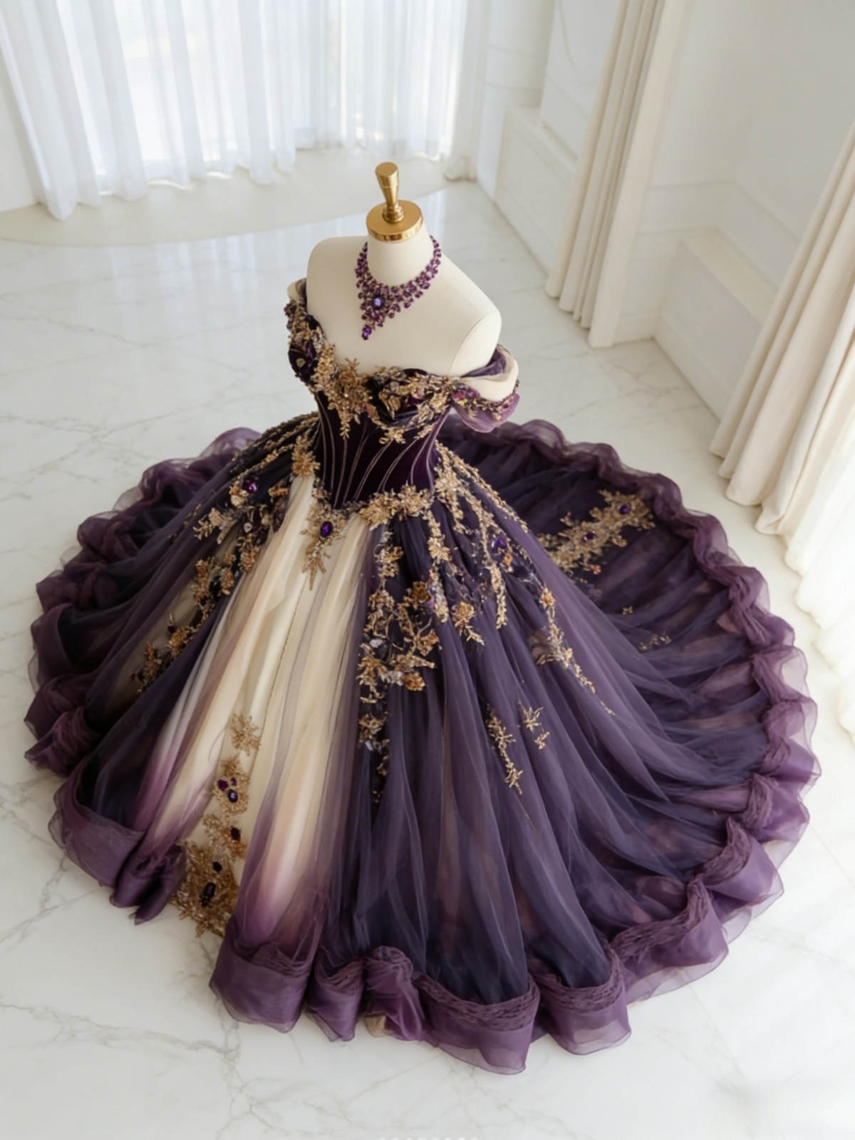 Gorgeous Purple Birthday Dresses Off-shoulder A-Line Long Prom Dresses Tulle Appliques Quinceanera Dresses ED06202