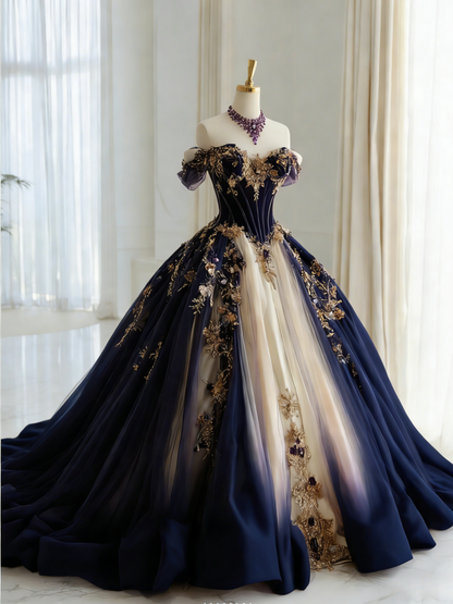 Gorgeous Purple Birthday Dresses Off-shoulder A-Line Long Prom Dresses Tulle Appliques Quinceanera Dresses ED06202