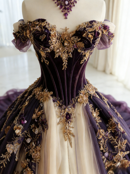 Gorgeous Purple Birthday Dresses Off-shoulder A-Line Long Prom Dresses Tulle Appliques Quinceanera Dresses ED06202