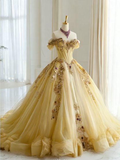 Gorgeous Purple Birthday Dresses Off-shoulder A-Line Long Prom Dresses Tulle Appliques Quinceanera Dresses ED06202