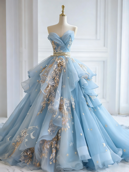Chic Gray Blue Long Prom Dresses Tulle Applique Sweetheart A-Line Evening Dresses Sleeveless Birthday Dresses ED06211