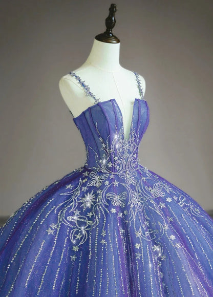 Chic A-Line Long Prom Dresses Tulle Spaghetti Straps Blue Birthday Dresses Sleeveless Evening Gowns ED06218