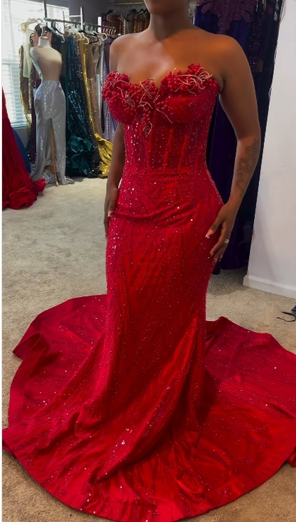 Elegant Burgundy Long Prom Dresses Sequins Satin Party Dresses Sweetheart Mermaid Birthday Dresses Sleeveless Evening Dresses ED06232