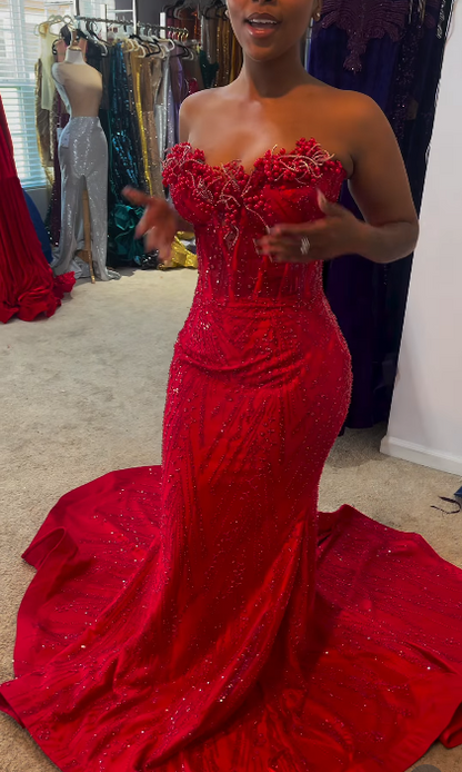 Elegant Burgundy Long Prom Dresses Sequins Satin Party Dresses Sweetheart Mermaid Birthday Dresses Sleeveless Evening Dresses ED06232