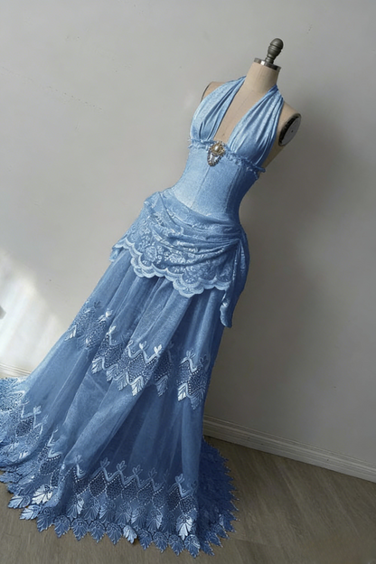 Chic Sheath Blue Long Prom Dresses Tulle V-neck Evening Dresses Sleeveless Party Dresses ED06297
