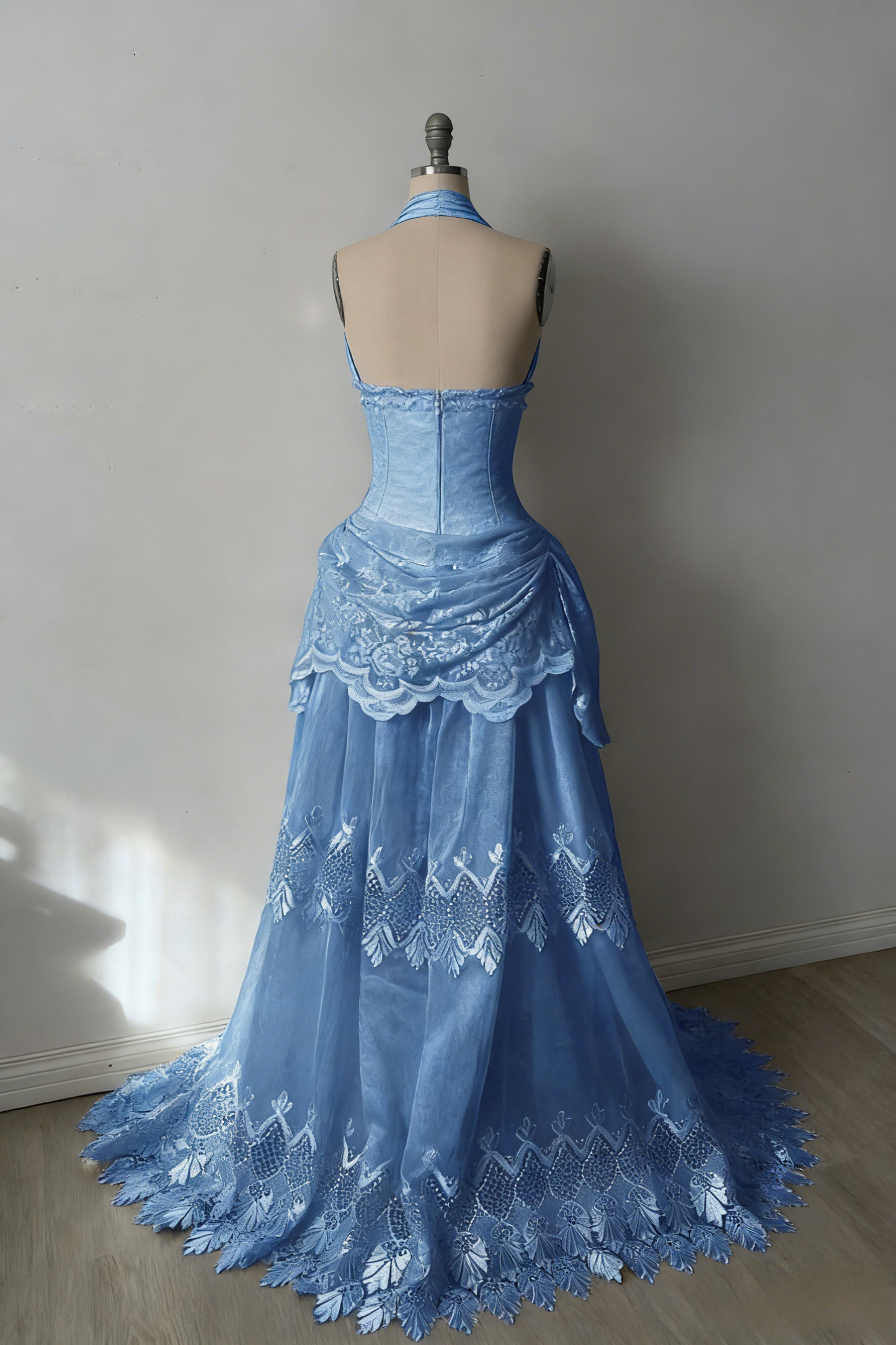 Chic Sheath Blue Long Prom Dresses Tulle V-neck Evening Dresses Sleeveless Party Dresses ED06297