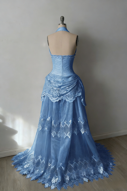 Chic Sheath Blue Long Prom Dresses Tulle V-neck Evening Dresses Sleeveless Party Dresses ED06297