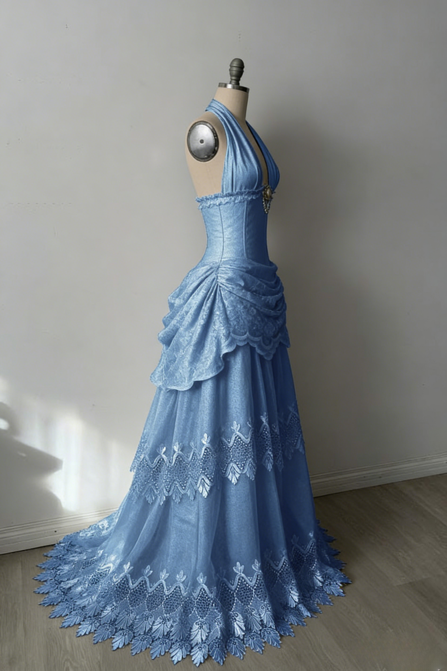 Chic Sheath Blue Long Prom Dresses Tulle V-neck Evening Dresses Sleeveless Party Dresses ED06297