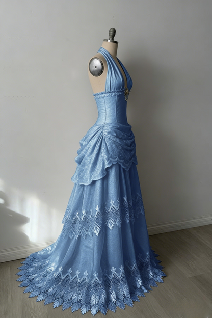 Chic Sheath Blue Long Prom Dresses Tulle V-neck Evening Dresses Sleeveless Party Dresses ED06297