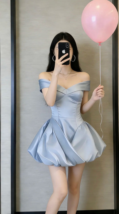 Chic A-Line Sky Blue Short Prom Dress Satin Off-shoulder Evening Dress Sleeveless Party Dress ED06307