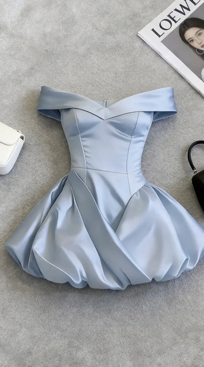 Chic A-Line Sky Blue Short Prom Dress Satin Off-shoulder Evening Dress Sleeveless Party Dress ED06307