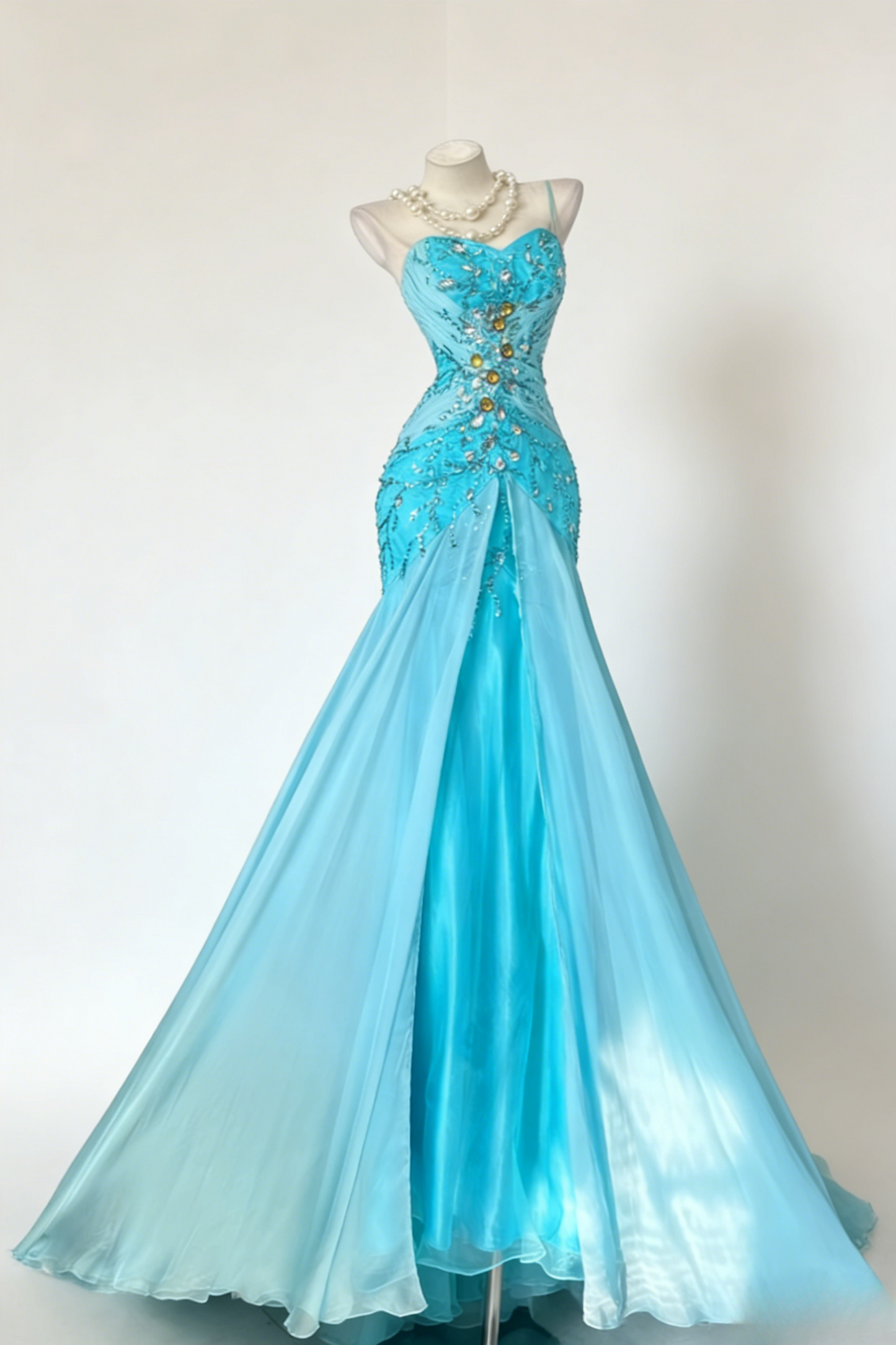 Gorgeous Sheath Blue Long Prom Dress Beaded Chiffon One-shoulder Evening Dress Sleeveless Birthday Dress  ED06385
