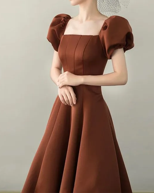 Puff Sleeves Satin Long Prom Dress, Long Evening Dresses HZ1024