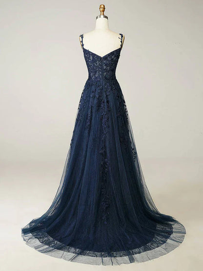 Elegant Sweetheart Neck Tulle Lace Dark Blue Long Prom Dress, Dark Blue Long Evening Dress HZ1024