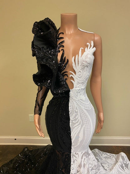 Black and White Lace Long Sleeves Mermaid Prom Dress Sequins