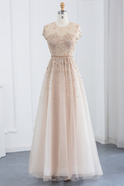 Glamorous Jewel Neck A Line Evening Dress Tulle With Appliques Sequins