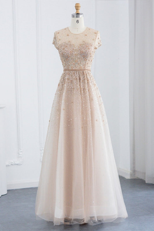 Glamorous Jewel Neck A Line Evening Dress Tulle With Appliques Sequins