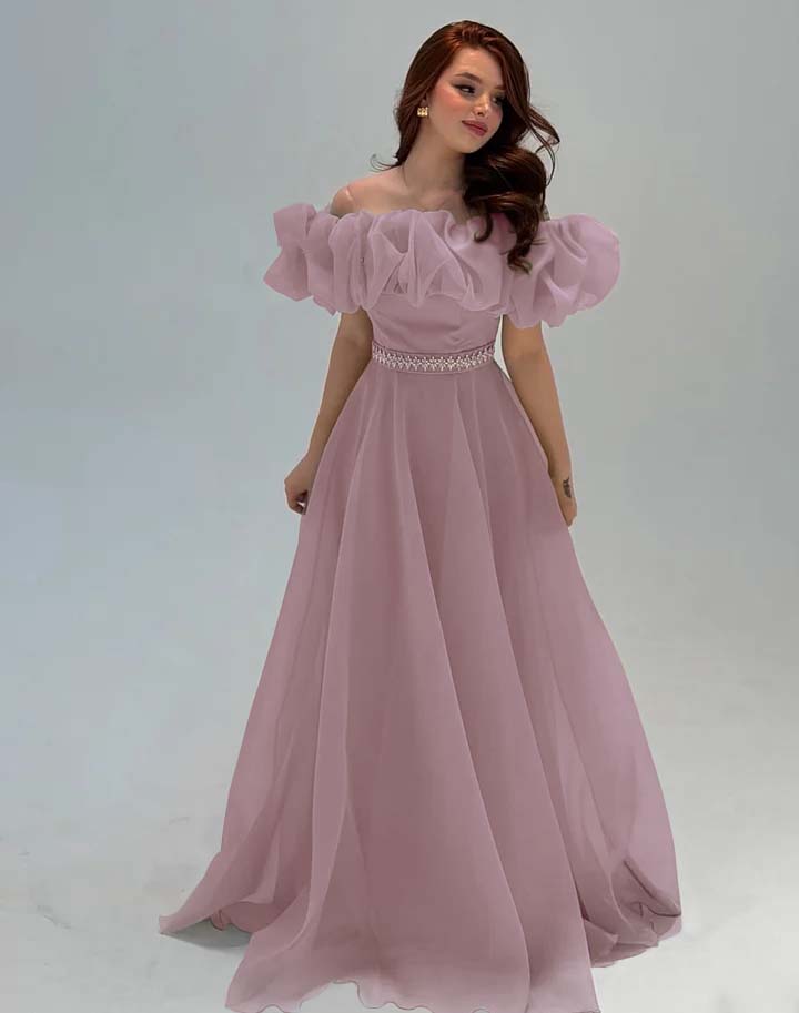Fashionable Off-The-Shoulder Rhinestone A-Line Tulle Evening Dress