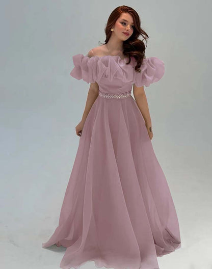 Fashionable Off-The-Shoulder Rhinestone A-Line Tulle Evening Dress