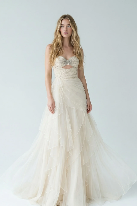 White Sweetheart A-Line Evening Dress Floor Length Pleated with Rhinestone