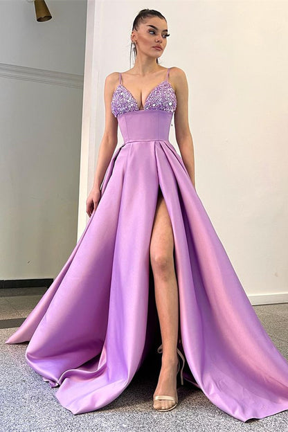 Spaghetti-Straps Sequins A Line Lavender Evening Dress With Split