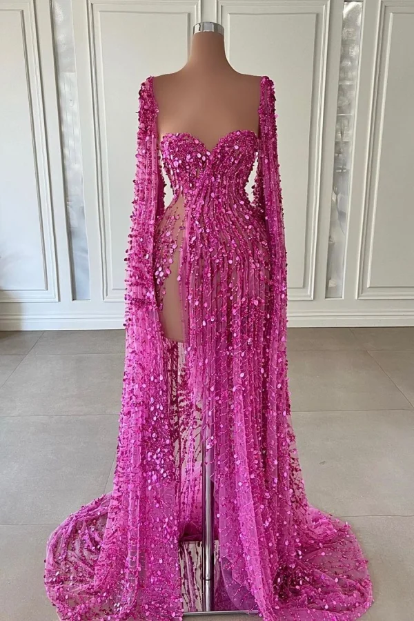 Fuchsia Split Sequins Long Sleeves Prom Dress