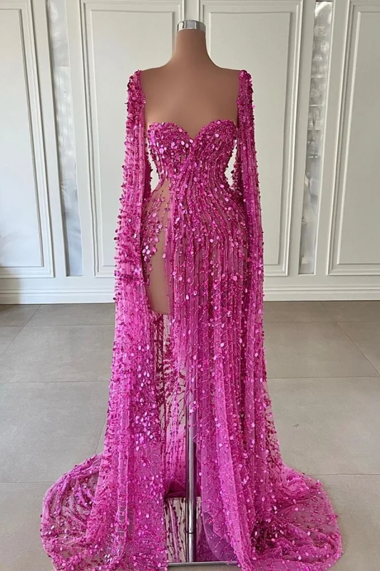 Fuchsia Split Sequins Long Sleeves Prom Dress