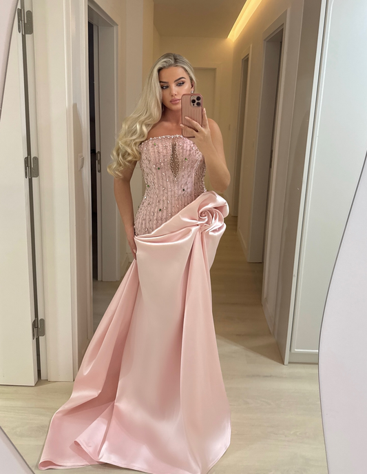 Romantic Pink Straight Across Sleeveless Rhinestone Handmade Flower Evening Dress