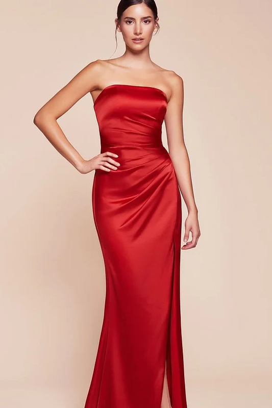 Simple Red Sleeveless Strapless Mermaid Pleated Prom Dress