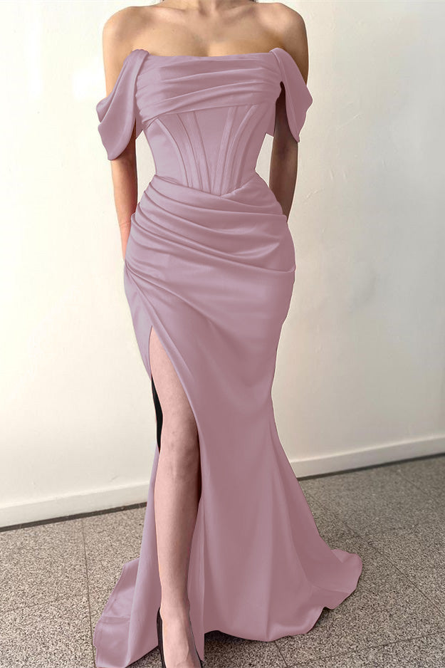 Off-The-Shoulder Dusty Rose Pleated Prom Dress Mermaid Split