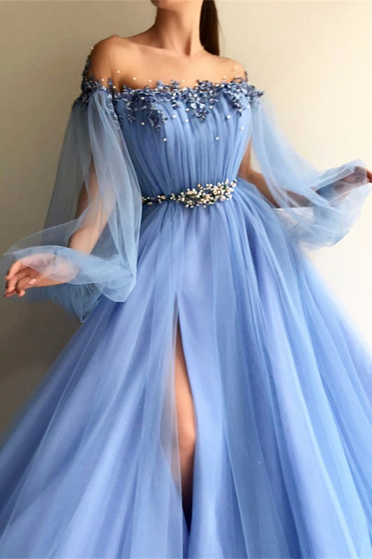 Chic Off-the-Shoulder Long Sleeves Elegant Evening Dresses With Beads
