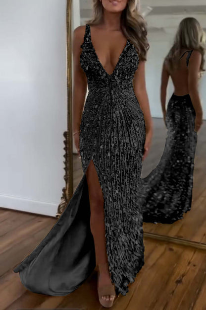 Charming Gold Sequins Spaghetti Strap Sleeveless V Neck Long Prom Dress with Split
