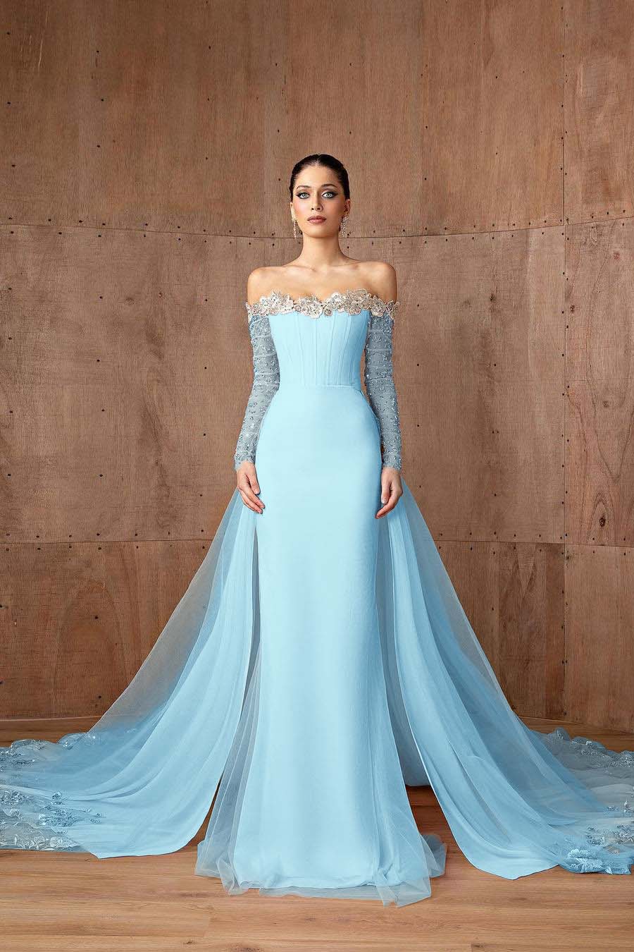 Charming Pink Satin Off the Shoulder Long Sleeves Long Prom Dress with Beadings