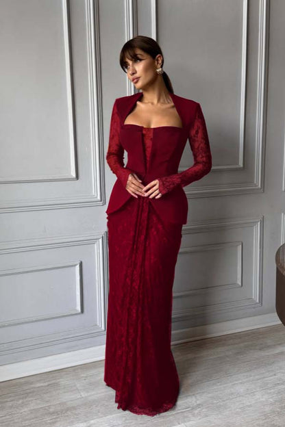 Chic Long Sleeves Strapless Deep V Neck Mermaid Long Prom Dress
