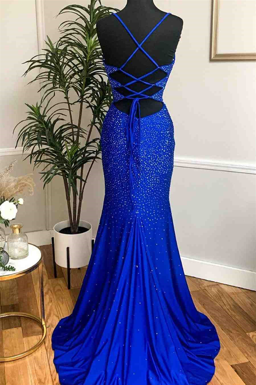 Royal Blue Spaghetti-Straps Mermaid Prom Dress With Appliques