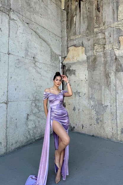 Stunning Purple Satin Off the Shoulder Sleeveless Prom Dress with High Split